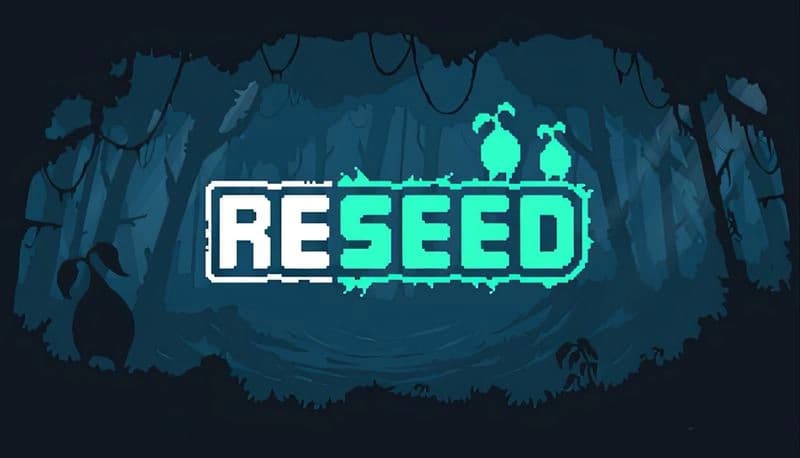 RESEED Demo: Silhouetted creatures in a dense, dark forest with towering trees, framing glowing title in teal tones.