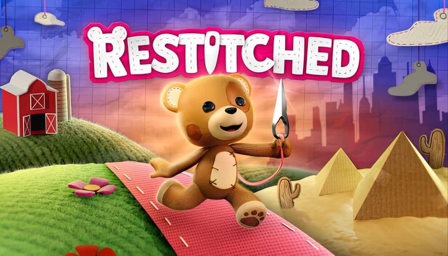 Restitched: smiling plush teddy bear holds a sewing needle, walking on road through stitched hills and cityscape.