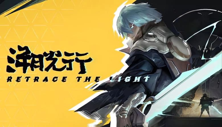 Retrace The Light: Warrior with blue hair and glowing sword stands in futuristic setting with shadowy figure in background.