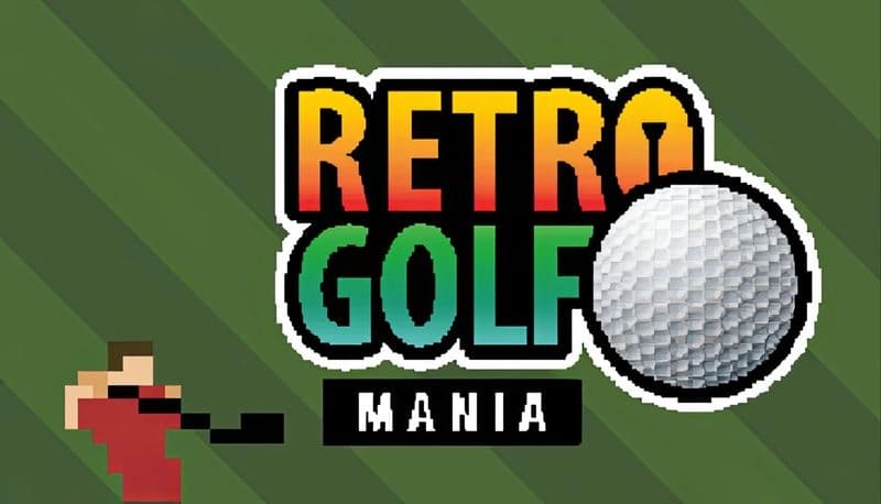 Retro Golf Mania: Pixelated golfer swinging club on green, striped course background with large golf ball, vivid retro style.