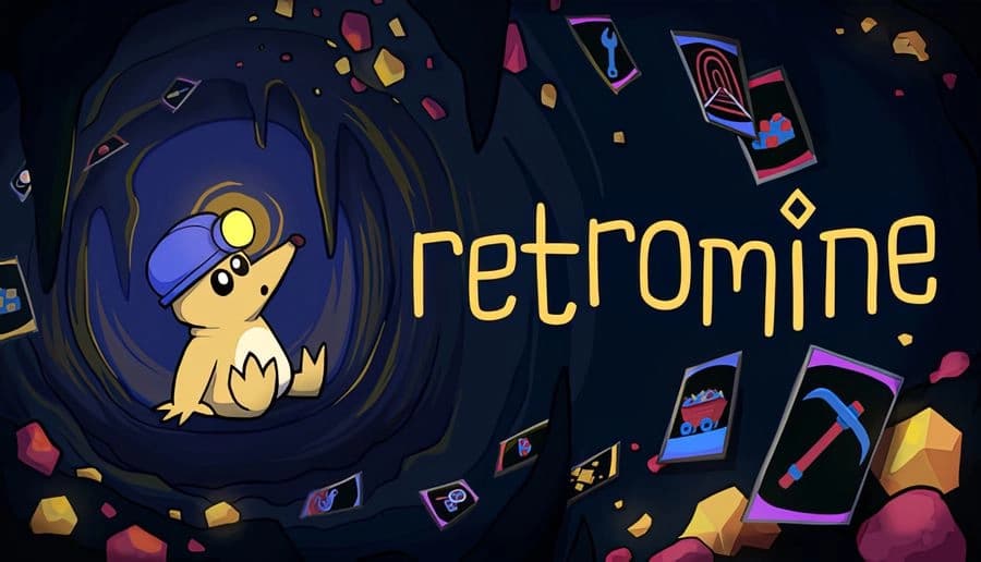Retromine: cartoon mole with headlamp sits in a cave tunnel as colorful playing cards float around in darkness.