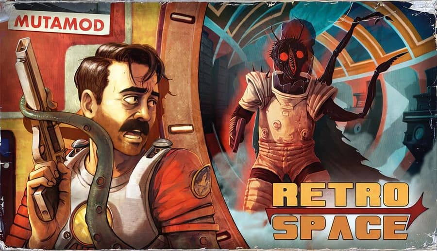 RetroSpace: Mustached man in orange spacesuit grips tool while red-eyed masked figure aims rifle in corridor.