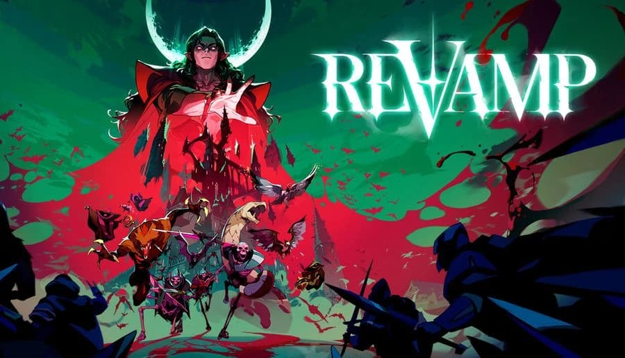 ReVamp: Vampire lord in red cape stands beneath full moon as monsters battle soldiers amid flying blood splatter.