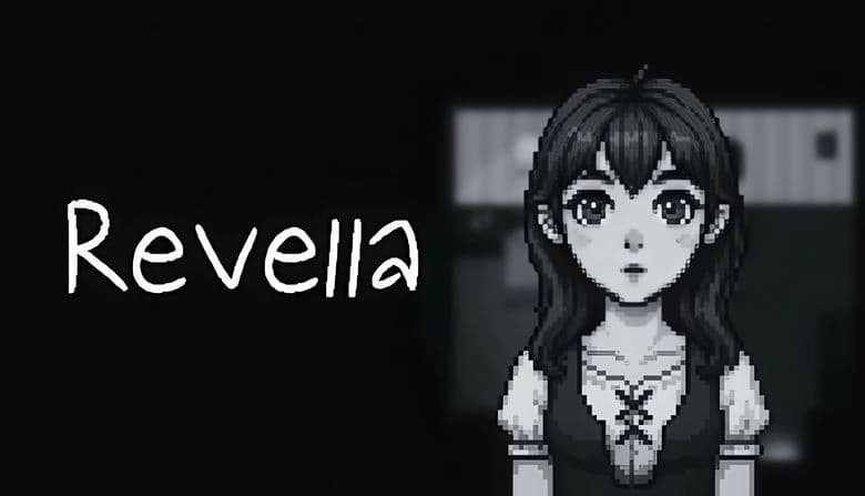 Revella: Young girl with long hair stands in dark pixelated setting, wearing a lace-up dress, looking directly ahead.