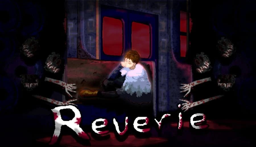Reverie: young boy sitting by a bed, lit in white, surrounded by dark masked figures in a shadowy room.