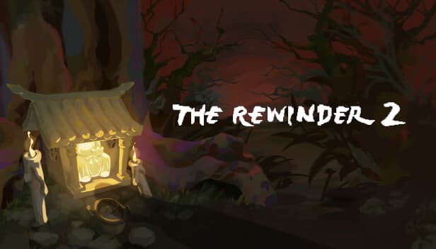 The Rewinder 2: A small shrine with two glowing candles amid twisted trees and a dark red sky, incense bowl in front.