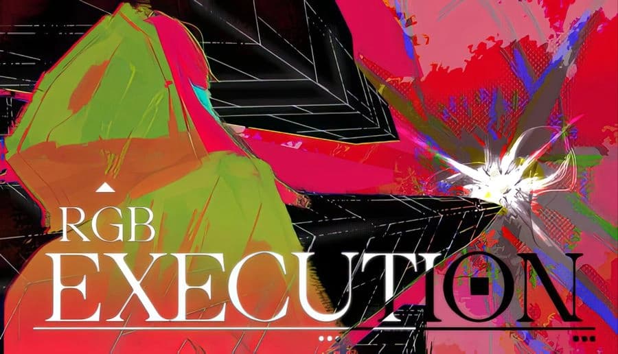 RGB: Neon glitch explosion over shattered black angular shapes, with red and green paint streaks in void background.