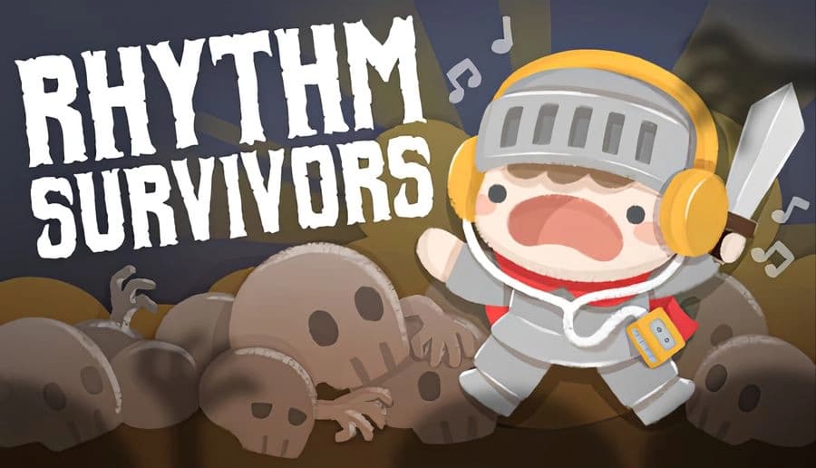 Rhythm Survivors: cartoon knight with yellow headphones and sword shouting above a crowd of skulls in dark rubble.