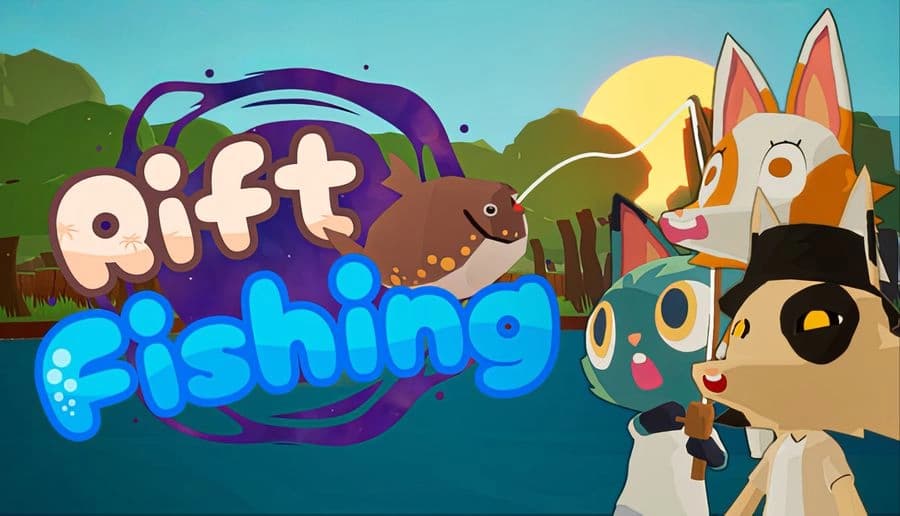 Rift Fishing: Anthropomorphic animals fish at sunset near trees, a cat holds a rod while others chat by the water.