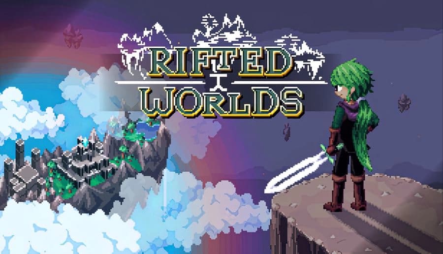 Rifted Worlds: Green-haired young man grips a sword, facing a floating ruined city and stormy rift clouds sky.