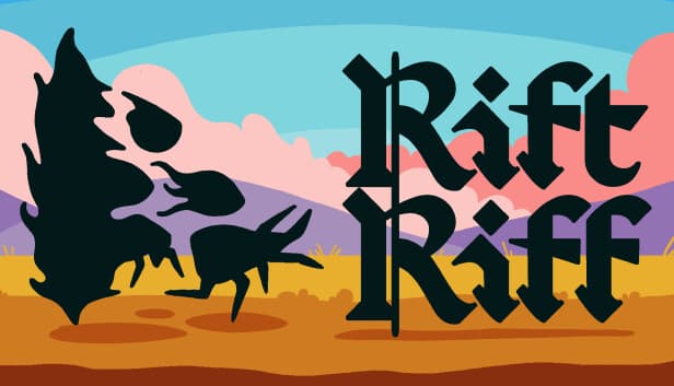 Rift Riff: Silhouetted figures battle in front of vivid landscape with mountains, rolling clouds, and colorful sky backdrop.