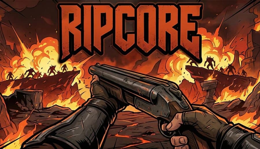 RIPCORE: First-person hands aiming a shotgun over cracked ground amid burning ruins and orange flames under smoke-filled sky.