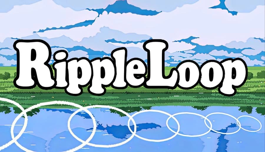 RippleLoop: Large white title over blue lake with ring ripples, grassy shore and trees under cloudy sky backdrop.