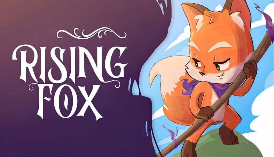Rising Fox: Orange fox warrior grips a spear, crouching on a cliff edge above clouds and a purple sky backdrop.