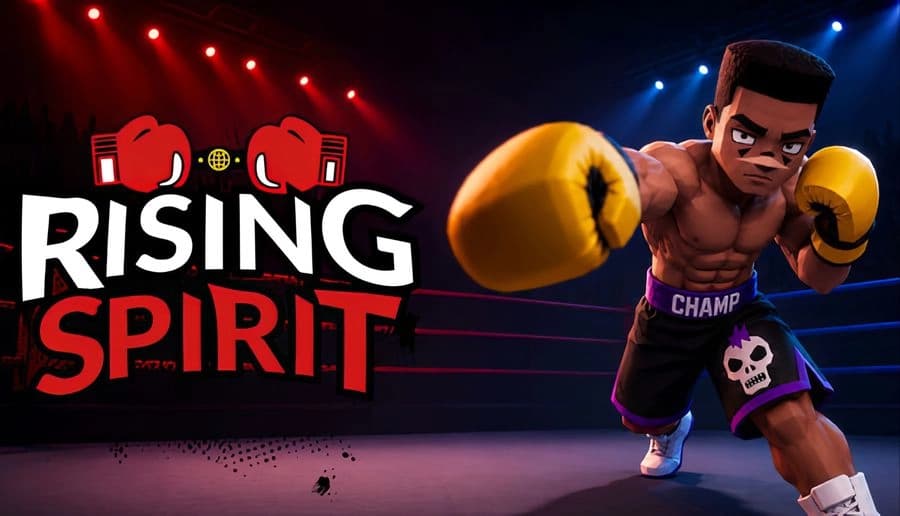 Rising Spirit: male boxer lunging with yellow gloves in a lit ring, ropes behind, spotlights and arena haze.