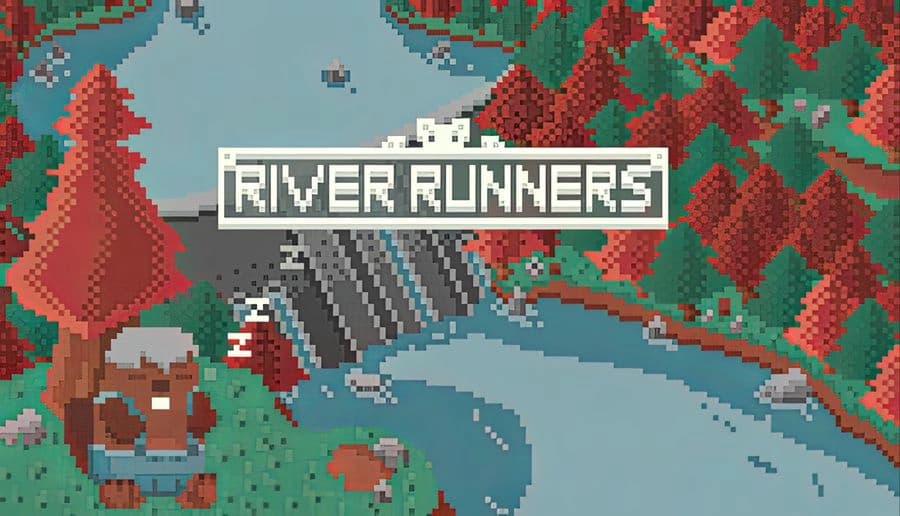 River Runners: pixel bear and white rabbit riding a log through a winding river past red trees and rocks.