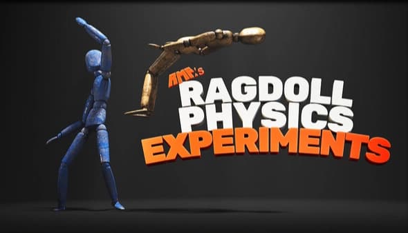 RMF's Ragdoll Physics Experiments: Blue mannequin poses as brown mannequin flies in a dark space with game title in bold letters.
