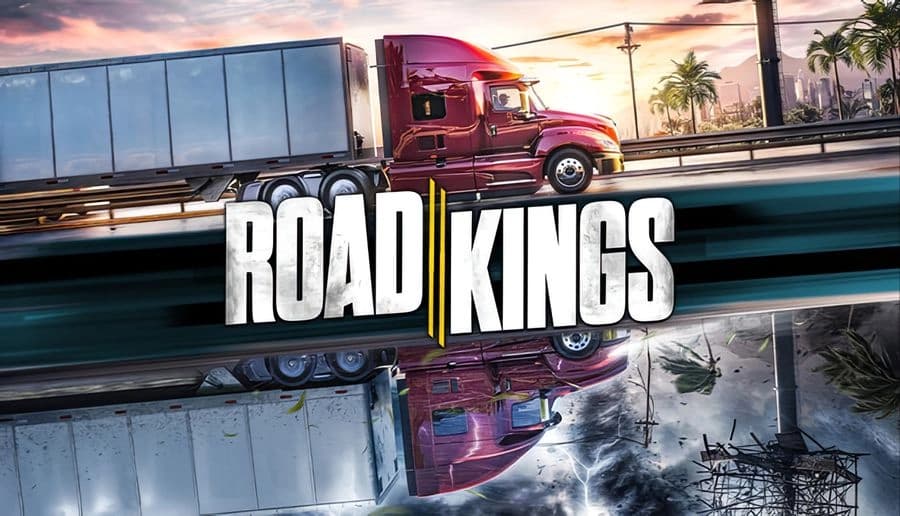 Road Kings: Red semi truck hauling a long white trailer on a highway overpass at sunset with palm trees and water below.