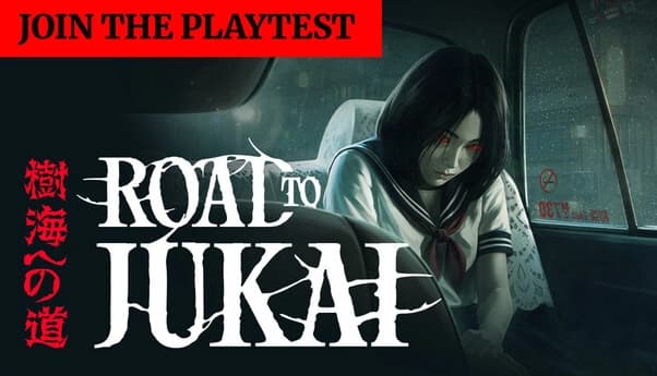 Road to Jukai: pale young woman with long black hair and red eyes leans forward in back seat of rainy taxi at night.