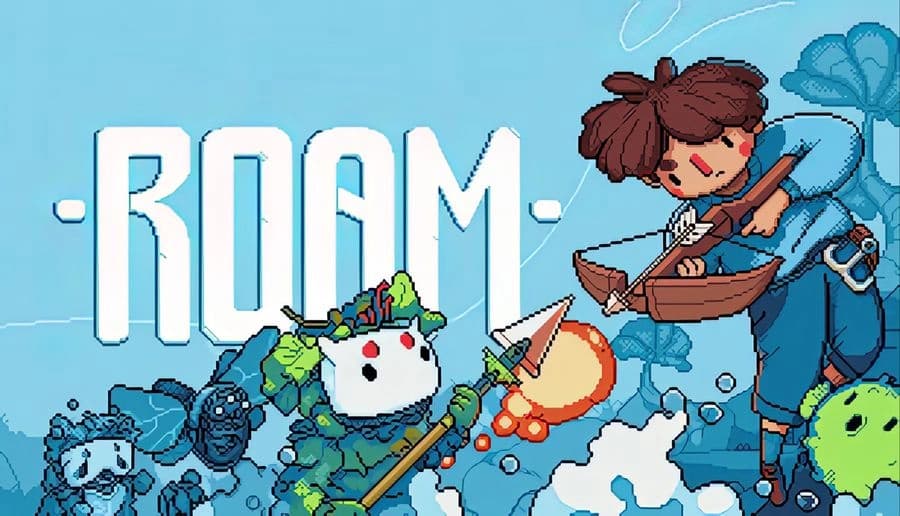 Roam: Young woman in boat swings a hammer at a slime and snowman monster amid blue water and plants backdrop.