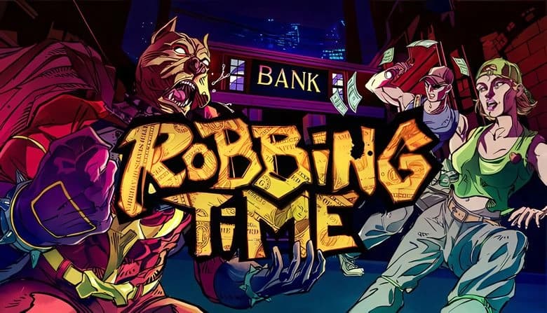 Robbing Time: Two robbers face a dog-masked superhero outside a bank, cash flying, cityscape glowing in background.