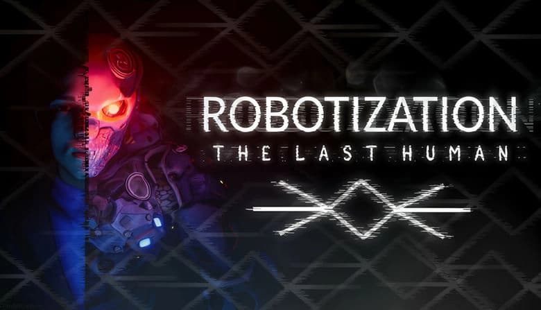 A split figure with half of a male face and half robotic, glowing red eye, set against a diamond-patterned background.