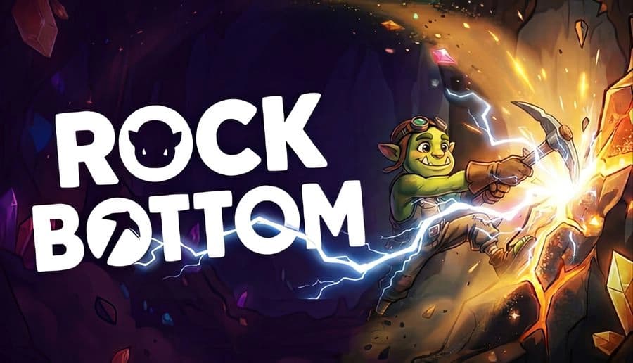 Rock Bottom: Green goblin wielding a pickaxe strikes glowing rocks, surrounded by lightning in a dark cave.