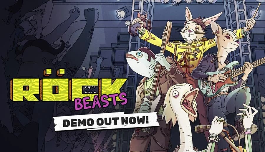ROCKBEASTS: Anthro cat singer with mic and deer guitarist onstage above cheering crowd in a dim club venue.