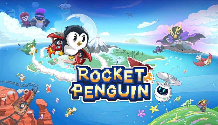 Rocket Penguin: angry penguin blasts from red jetpack rocket, flying above clouds with pixel title and small robot drone.