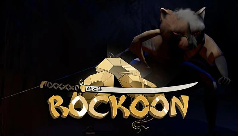 Rockoon: Fierce raccoon warrior crouches in darkness, holding sword, ready to strike. Shadowy cave creates intense atmosphere.
