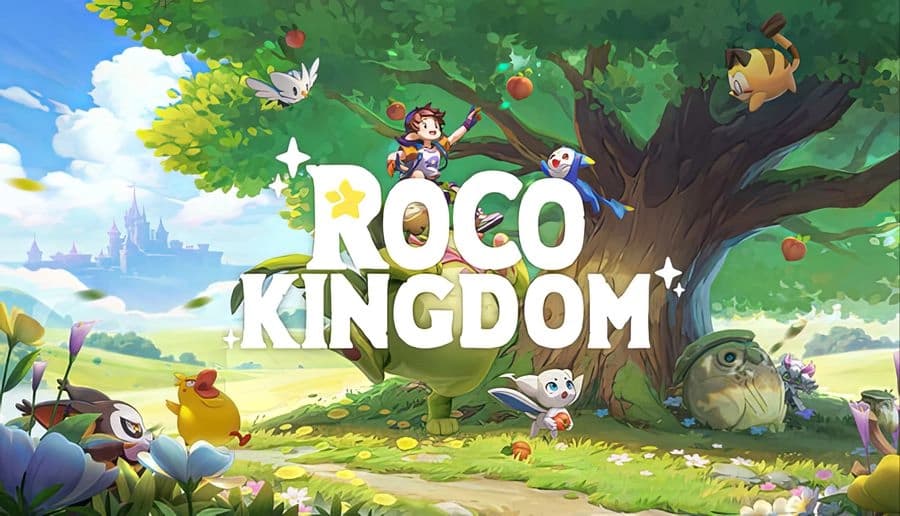 Roco Kingdom: Young girl on tree branch waves as cute creatures gather in a sunny forest meadow by a river.