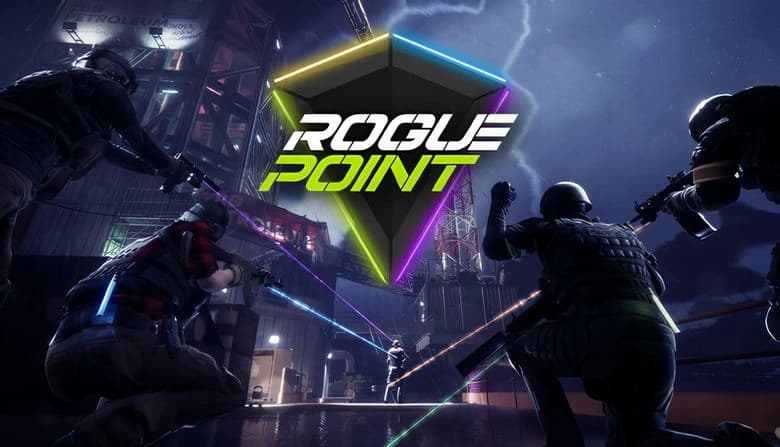 Rogue Point: Tactical team of four soldiers in stealth gear aiming weapons with lasers in industrial night setting.