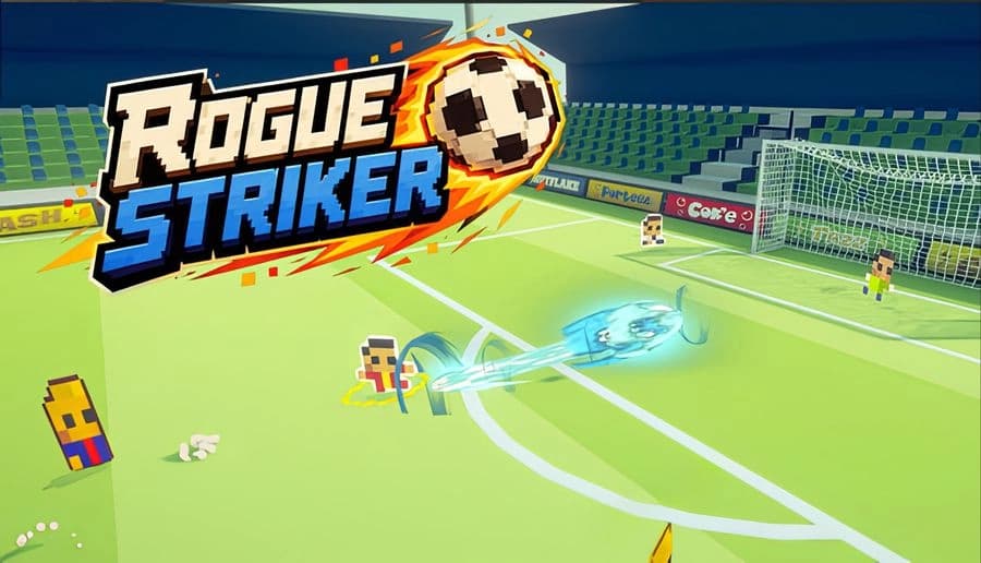 Rogue Striker: Pixel soccer players defend as a glowing blue shot streaks toward goal inside a bright stadium pitch.