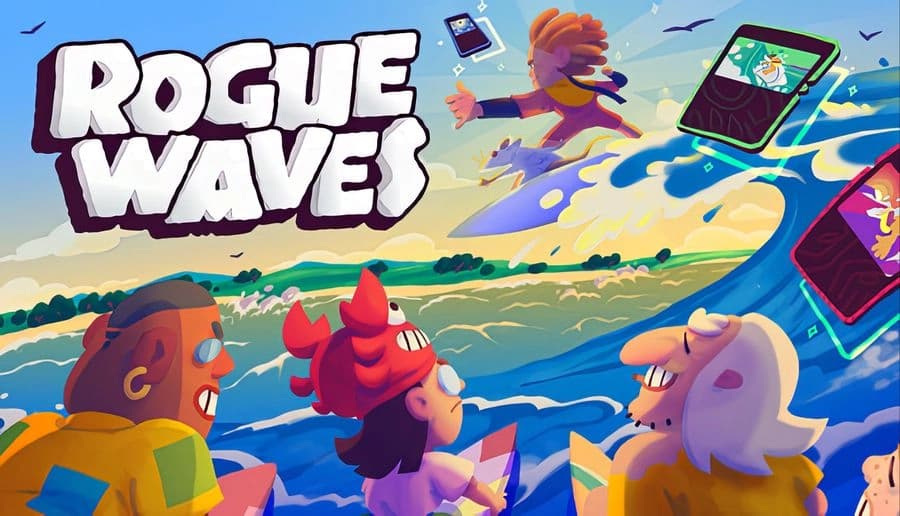Rogue Waves: Surfer woman leaping above curling ocean wave as colorful card screens float over sunny coast.