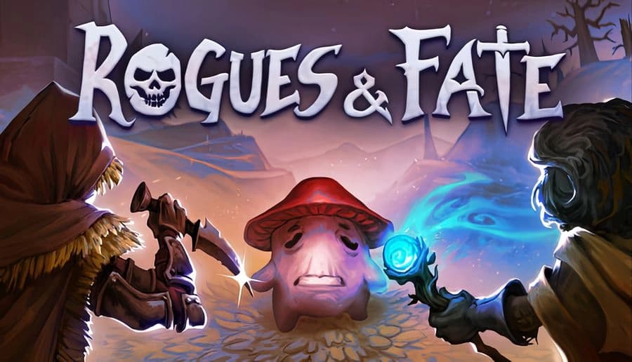 Rogues & Fate: Hooded archer and goggled mage aim weapons at crying red-capped blob on dusky forest path.