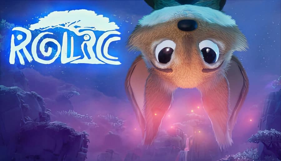 Rolic: Wide-eyed furry creature hovers over glowing cliff edge near small floating moon face in purple night sky.