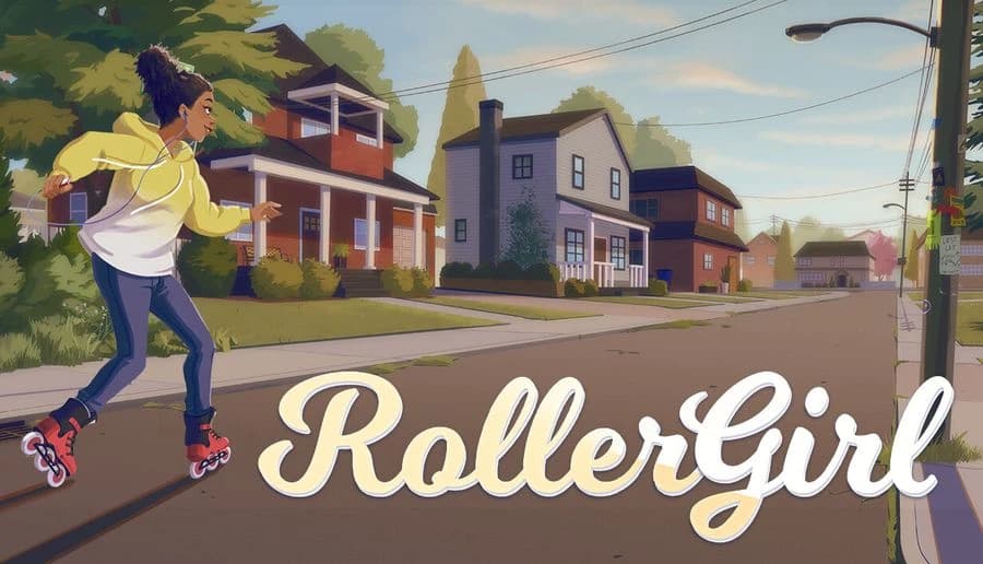 RollerGirl: teenage girl rollerblading past suburban houses at sunset, arms out, trees and power lines overhead.