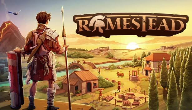 A man in Roman armor with a spear and shield stands on a hill overlooking a village, farms, and a setting sun.