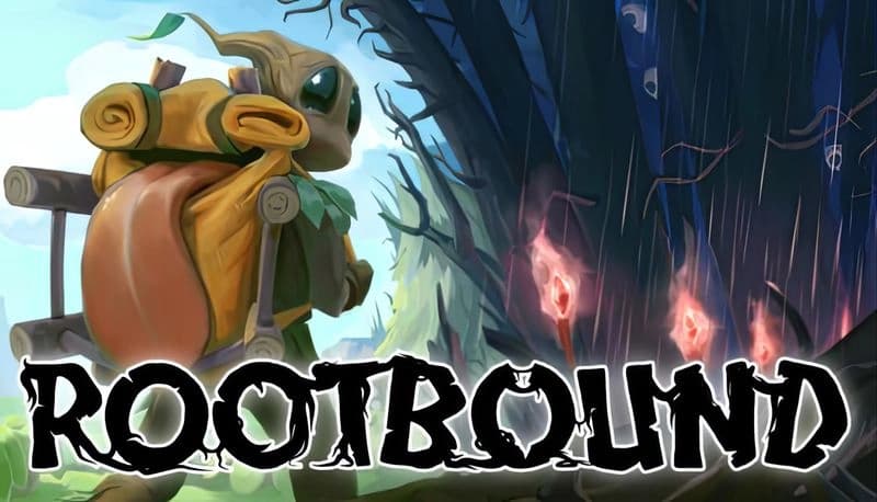 Rootbound: A creature with a backpack walks through a dark, enchanted forest with glowing red crystals illuminating the path.