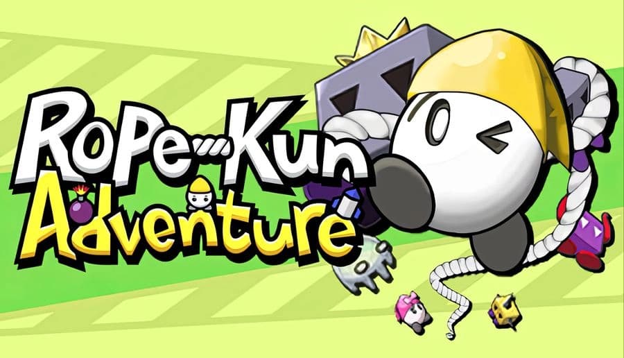 Rope-Kun Adventure: Cartoon character with rope and helmet jumps; green background with enemy silhouettes.