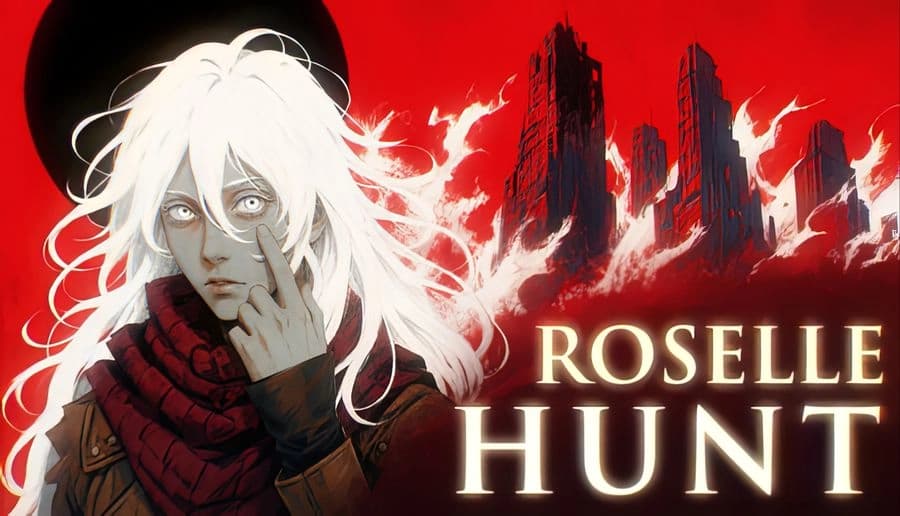 Roselle Hunt: white-haired man in dark coat faces left amid red smoke, distant ruined castle silhouettes in back.