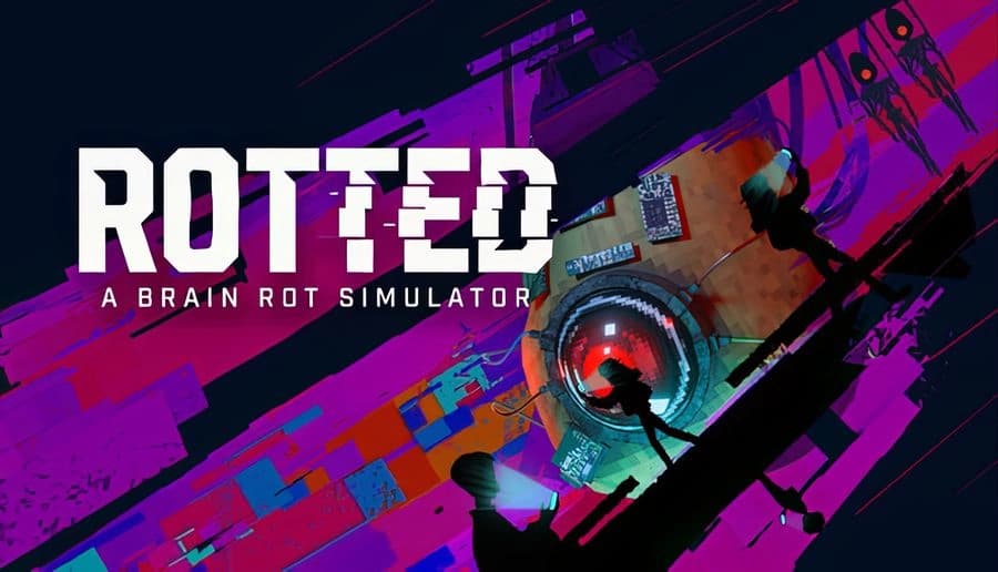 Rotted: White game title over purple glitch background with diagonal window showing red-lit camera lens and cables.