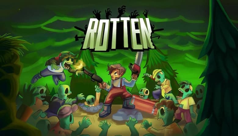 Rotten: Young man with chainsaw and shotgun battles zombie horde in eerie forest setting, surrounded by glowing green light.