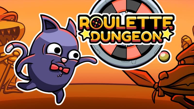 Purple cat with a red bowtie throws a roulette ball toward spear-wielding creature, with a menacing toad behind.