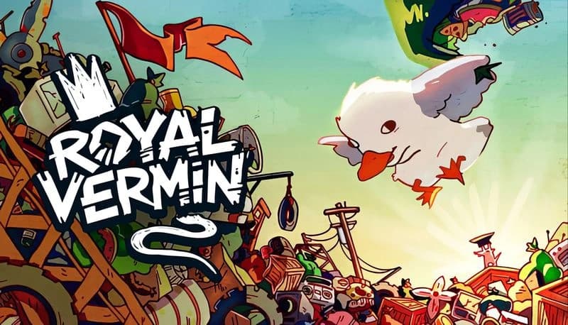 Royal Vermin: Goose flying over a chaotic pile of colorful trash in a vibrant sky, clutching a combative expression.