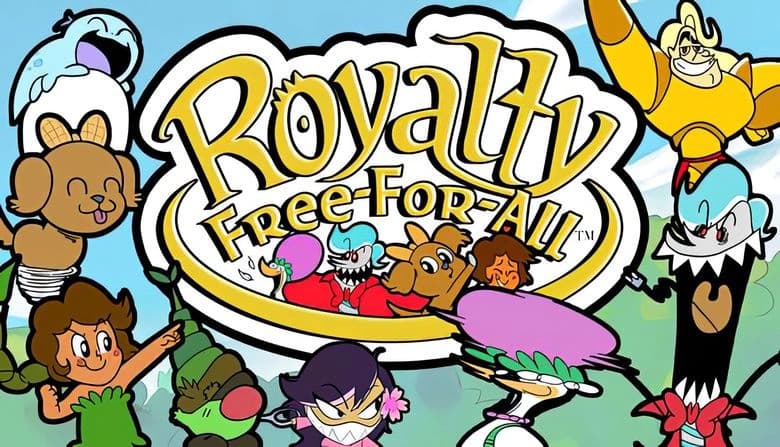 Royalty Free-For-All: Cartoon figures, including a knight and monster, in a vibrant, playful setting with blue sky backdrop.