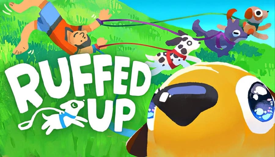 Ruffed Up: Four dogs tug a limp man by leashes across bright grass as a huge dog's face fills the foreground.