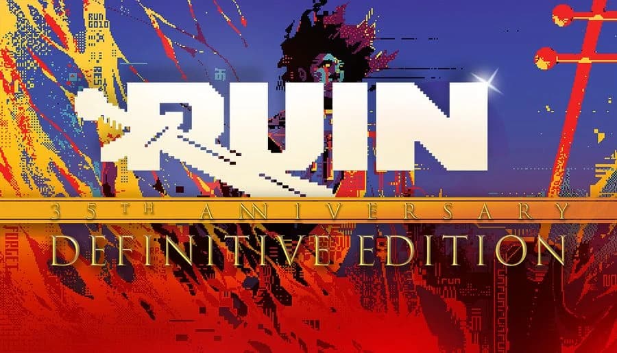 RUIN: pixelated woman with spiky purple hair behind large RUIN title over red circuitry and gold anniversary bars.