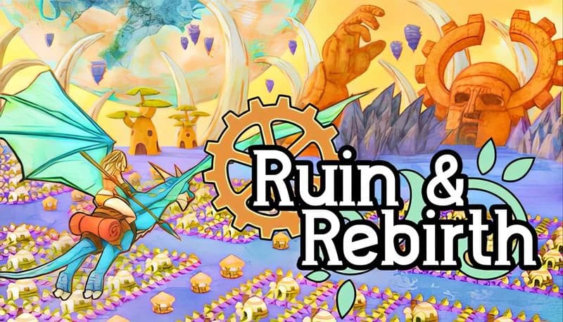 Ruin and Rebirth: Young woman riding a dragon over colorful landscape with giant stone creature and peculiar structures.