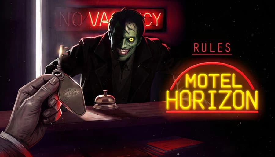 Rules: masked man with glowing eyes leans over motel desk toward viewer, neon motel sign glowing in dark lobby.